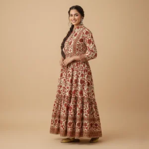 Red Floral Maxi Dress for Women with Tiered Cotton Design