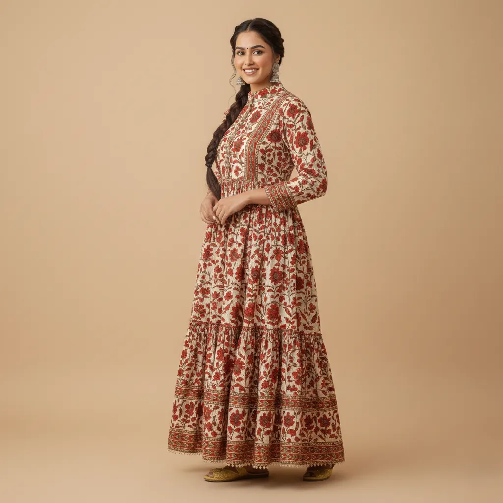 Red Floral Maxi Dress for Women with Tiered Cotton Design