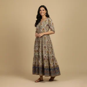 Women's Printed Anarkali Dress with Floral Print and Blue Border