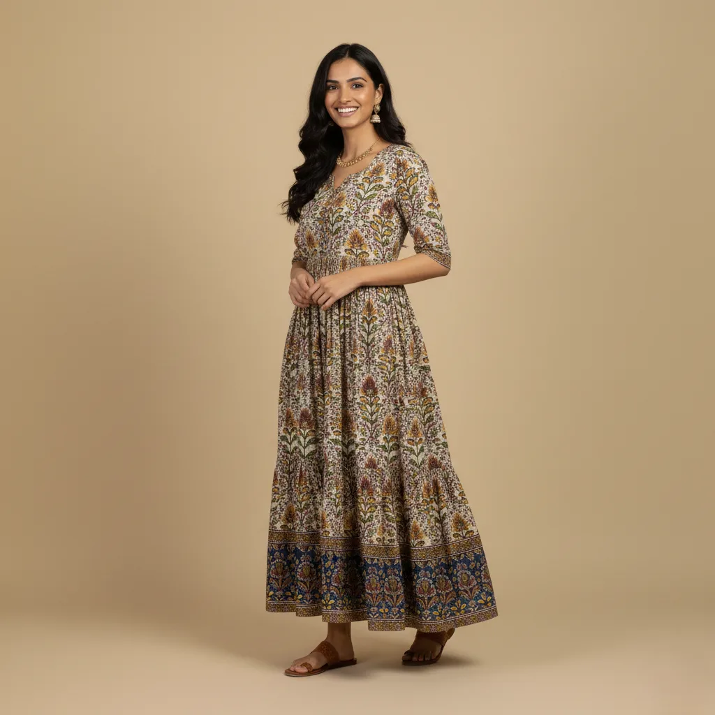 Women's Printed Anarkali Dress with Floral Print and Blue Border