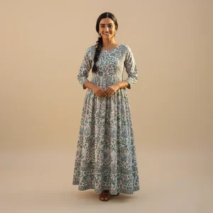 Green Floral Maxi Dress for Women with Three Quarter Sleeves