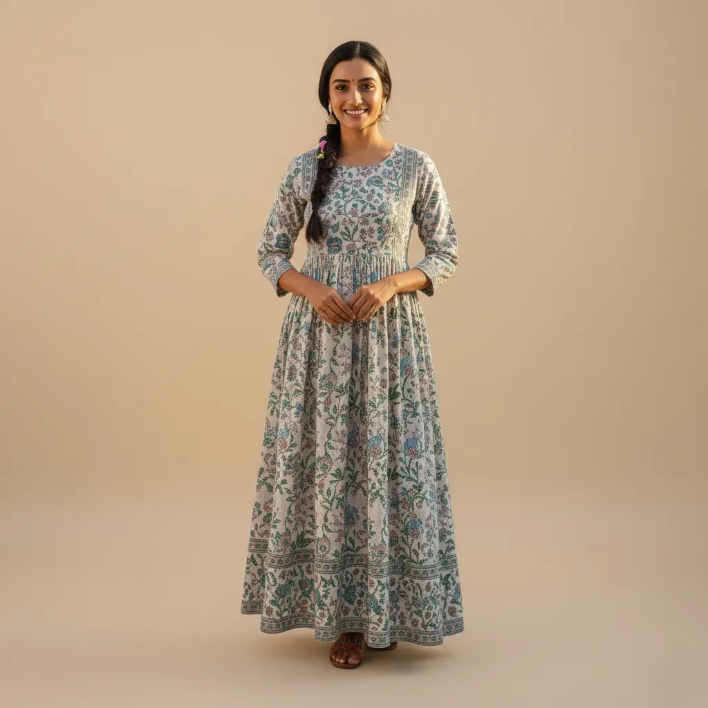 Green Floral Maxi Dress for Women with Three Quarter Sleeves