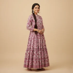 Women's Pink Floral Maxi Dress with Tiered Design