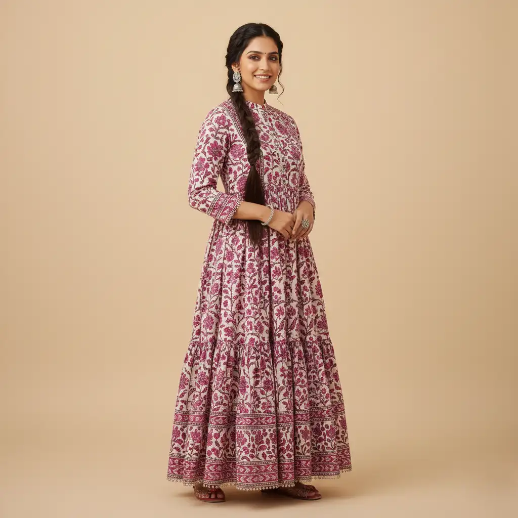 Women's Pink Floral Maxi Dress with Tiered Design
