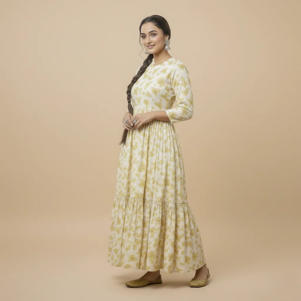 Woman wearing a yellow printed cotton maxi dress with three-quarter sleeves, floral motifs, a tiered hem, and traditional flats.