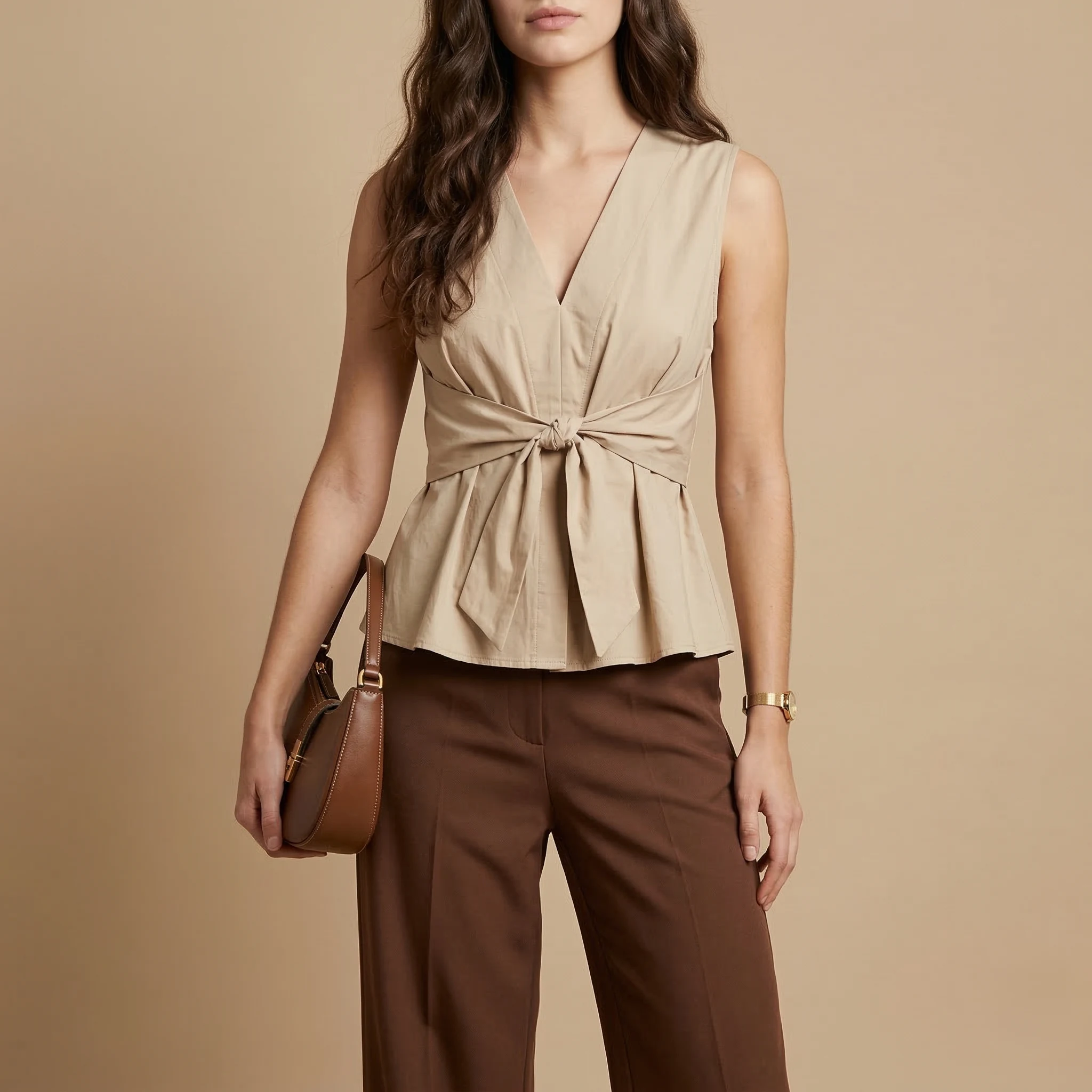 Beige Tie-Front Top - Image 3