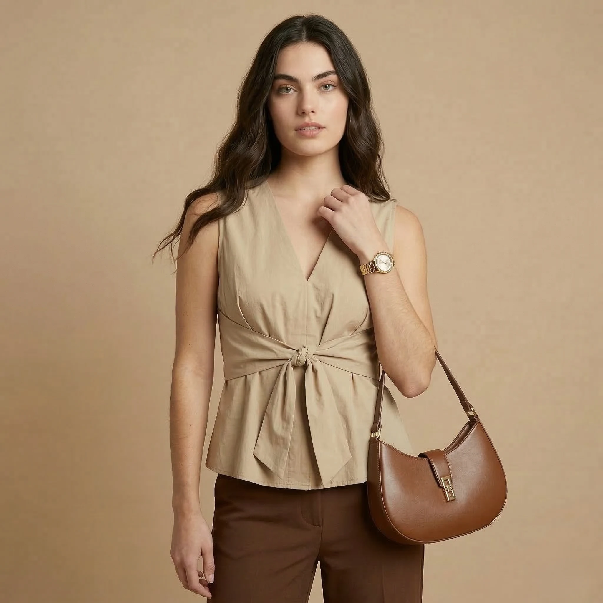 Beige Tie-Front Top - Image 2