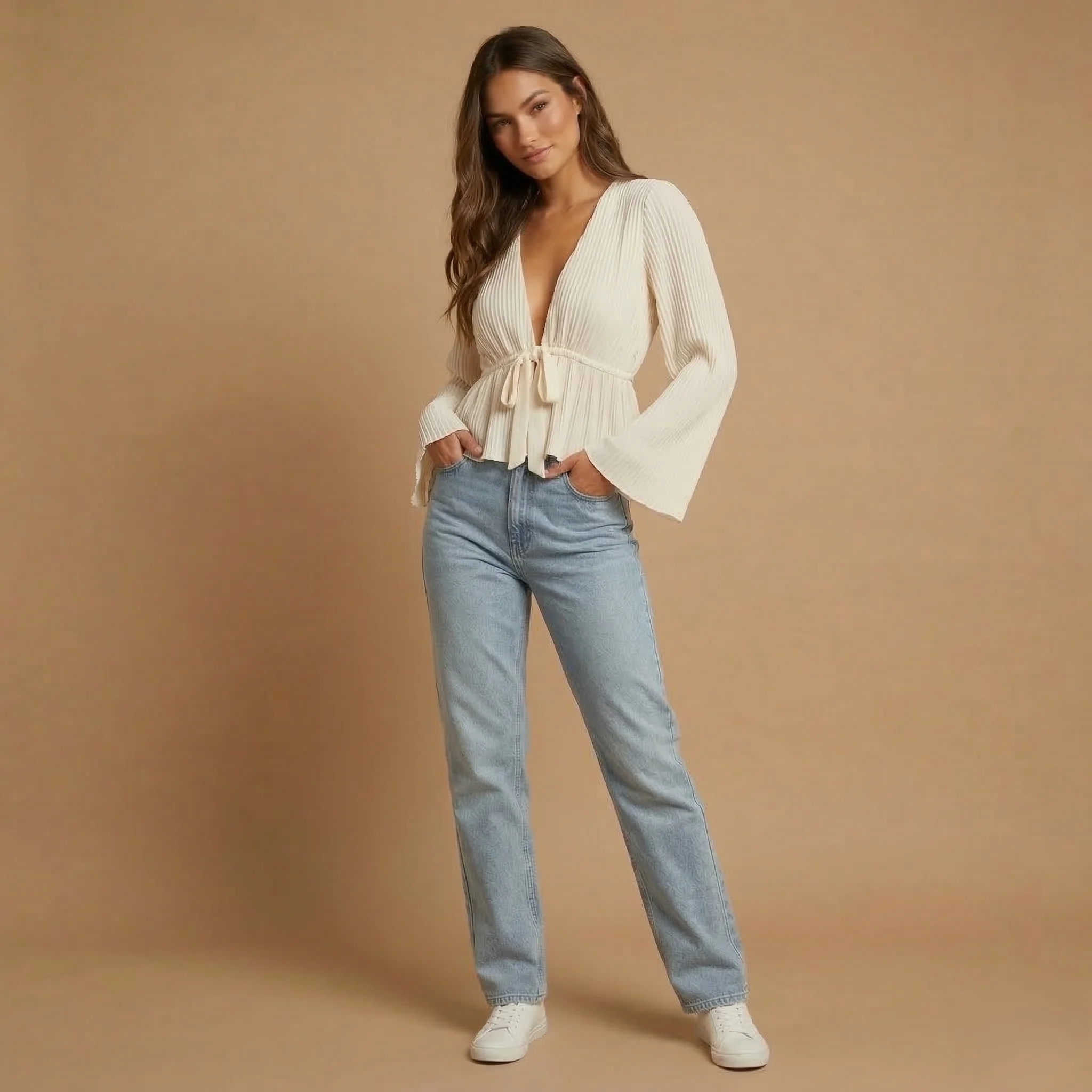 White Pleated Peplum Top - Image 4