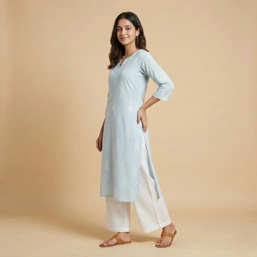 Woman wearing a sky blue printed cotton kurti with three-quarter sleeves paired with white palazzo pants and flat sandals.