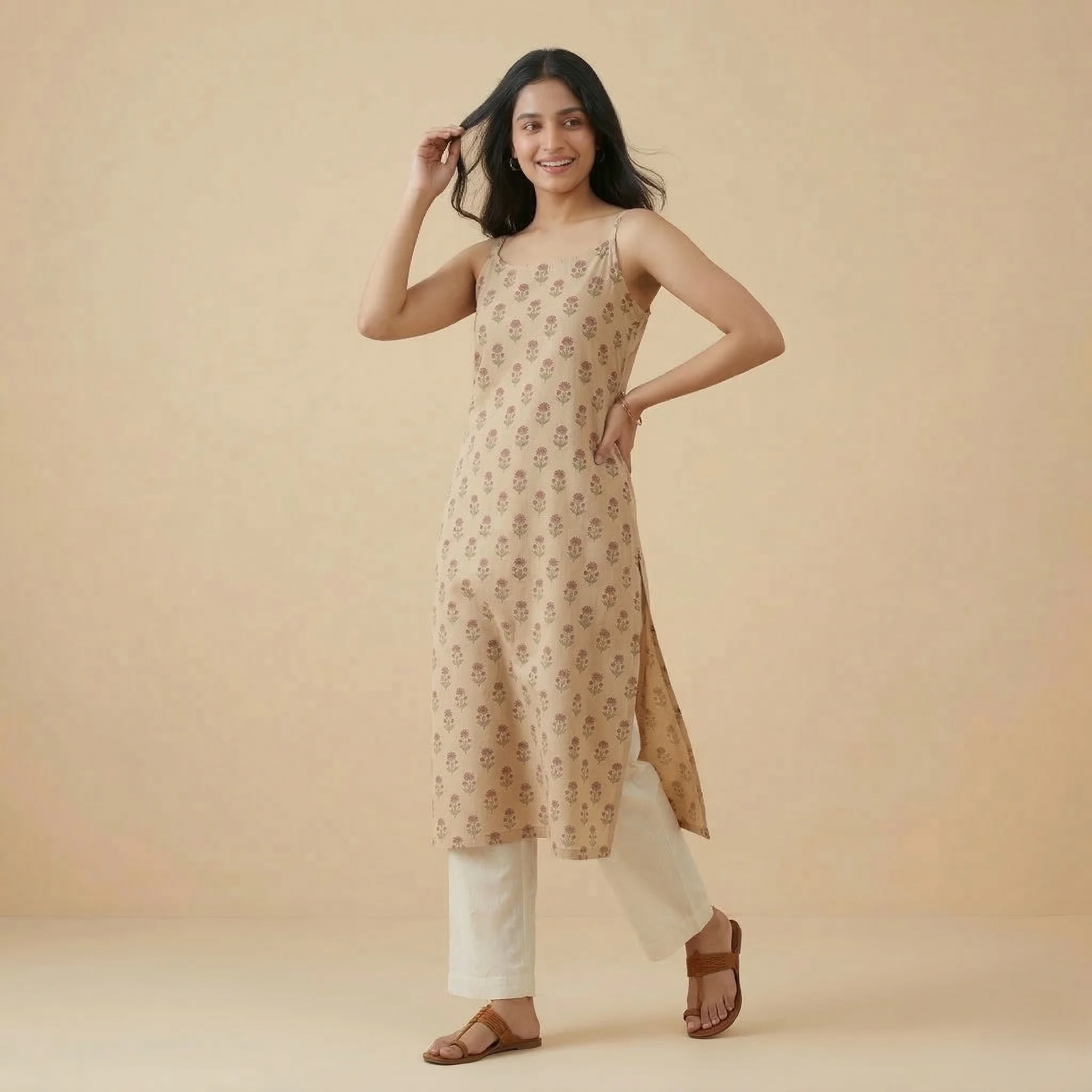 Beige Printed Cotton Kurti - Image 4