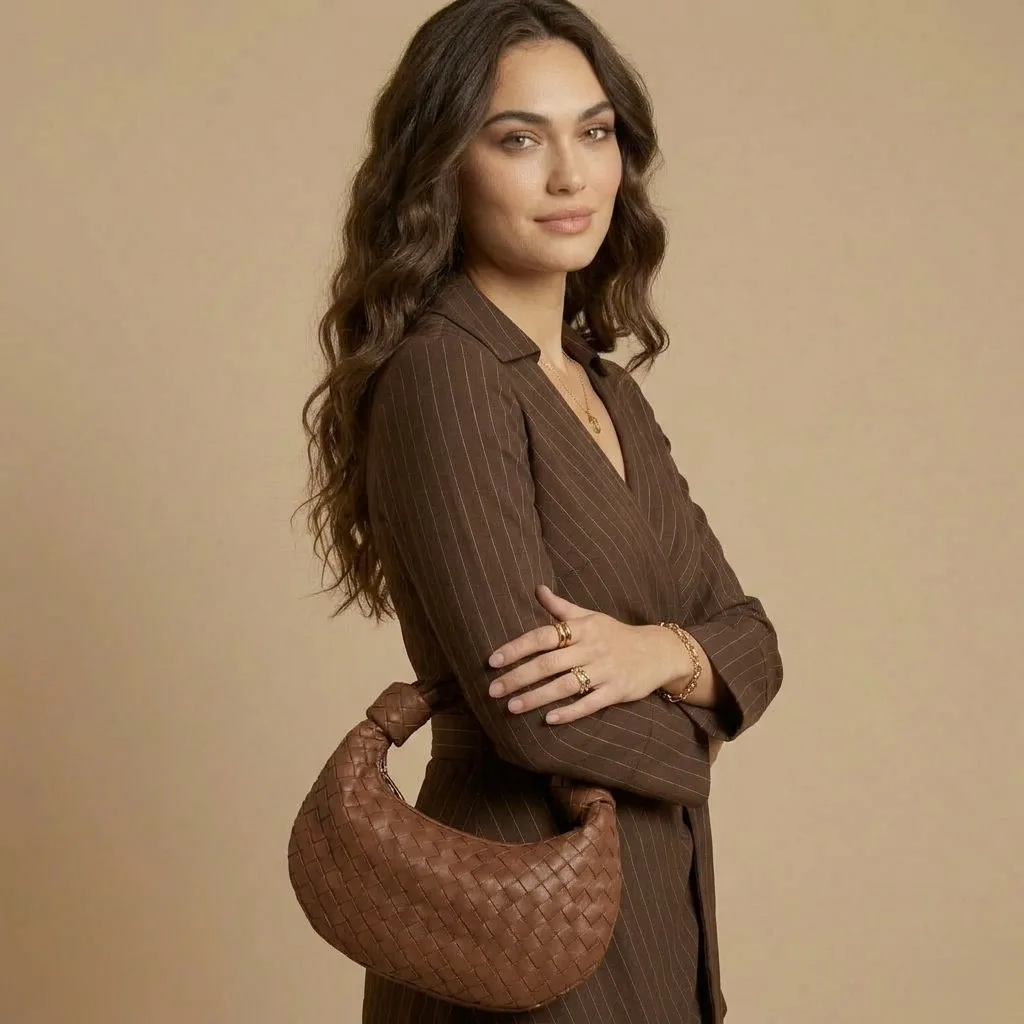 Woman wearing a brown pinstripe wrap dress with gold jewelry and a woven brown leather shoulder bag, posing against a neutral beige background.