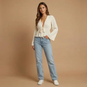 Woman wearing a white pleated peplum top with a deep V-neck, front tie detail, and bell sleeves paired with light blue jeans and white sneakers.
