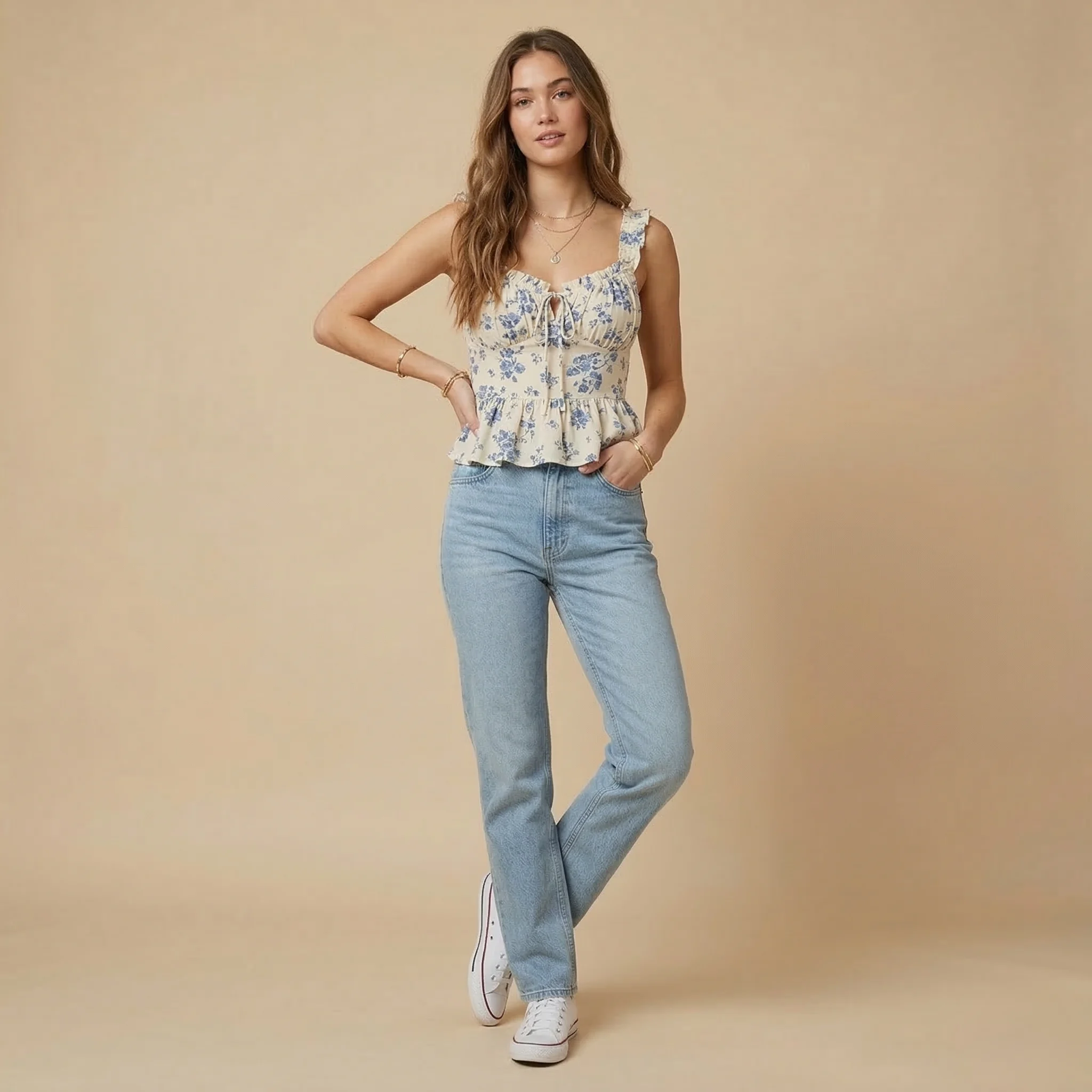 Blue Floral Ruffle Top - Image 4