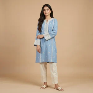 Woman wearing a sky blue embroidered kurti with intricate ethnic detailing and full sleeves paired with ivory straight pants.
