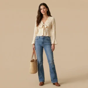 Woman wearing a cream floral tie-front top with long sleeves paired with blue jeans and a woven tote bag for a casual chic look
