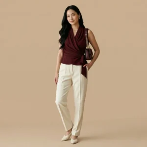 Woman wearing a burgundy sleeveless wrap top with a draped V-neckline and side-tie waist detail paired with cream tailored trousers and heels.