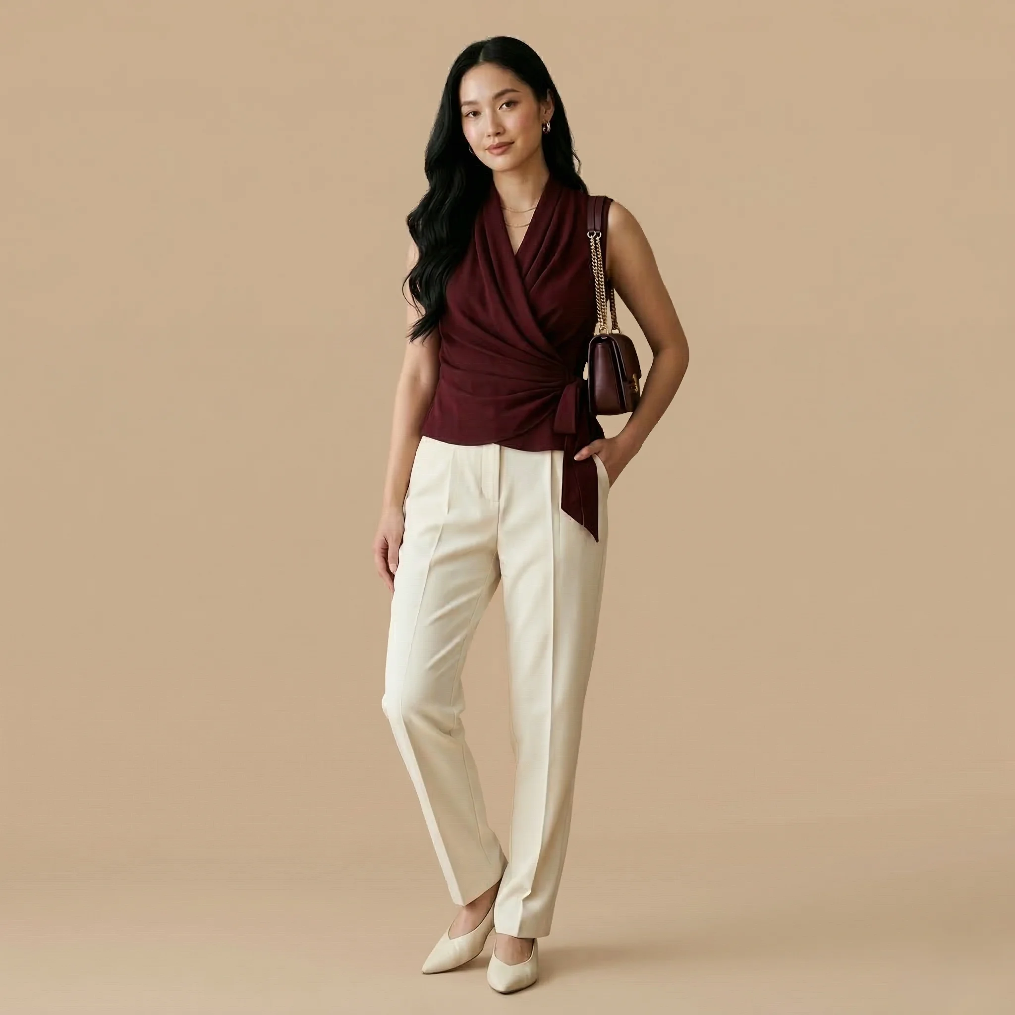 Woman wearing a burgundy sleeveless wrap top with a draped V-neckline and side-tie waist detail paired with cream tailored trousers and heels.