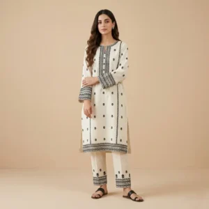 Woman wearing an ivory embroidered cotton kurti with black ethnic embroidery, full sleeves, matching embroidered pants, and traditional flat sandals.