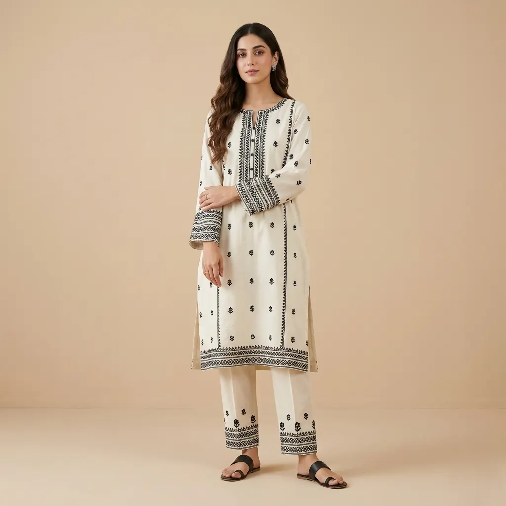 Woman wearing an ivory embroidered cotton kurti with black ethnic embroidery, full sleeves, matching embroidered pants, and traditional flat sandals.