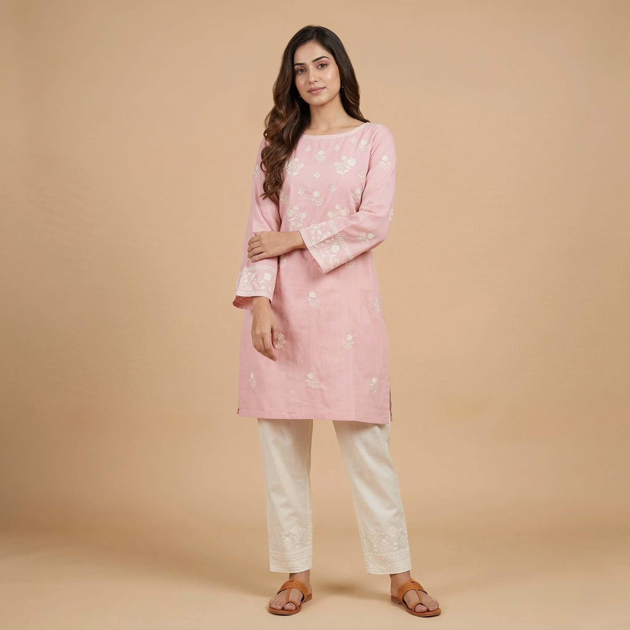 Woman wearing a pink embroidered cotton kurti with bell sleeves and white embroidered straight pants for an elegant ethnic look