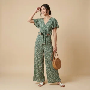 Green Floral Co-Ord Set with Wrap Top and Wide-LLeg Pants