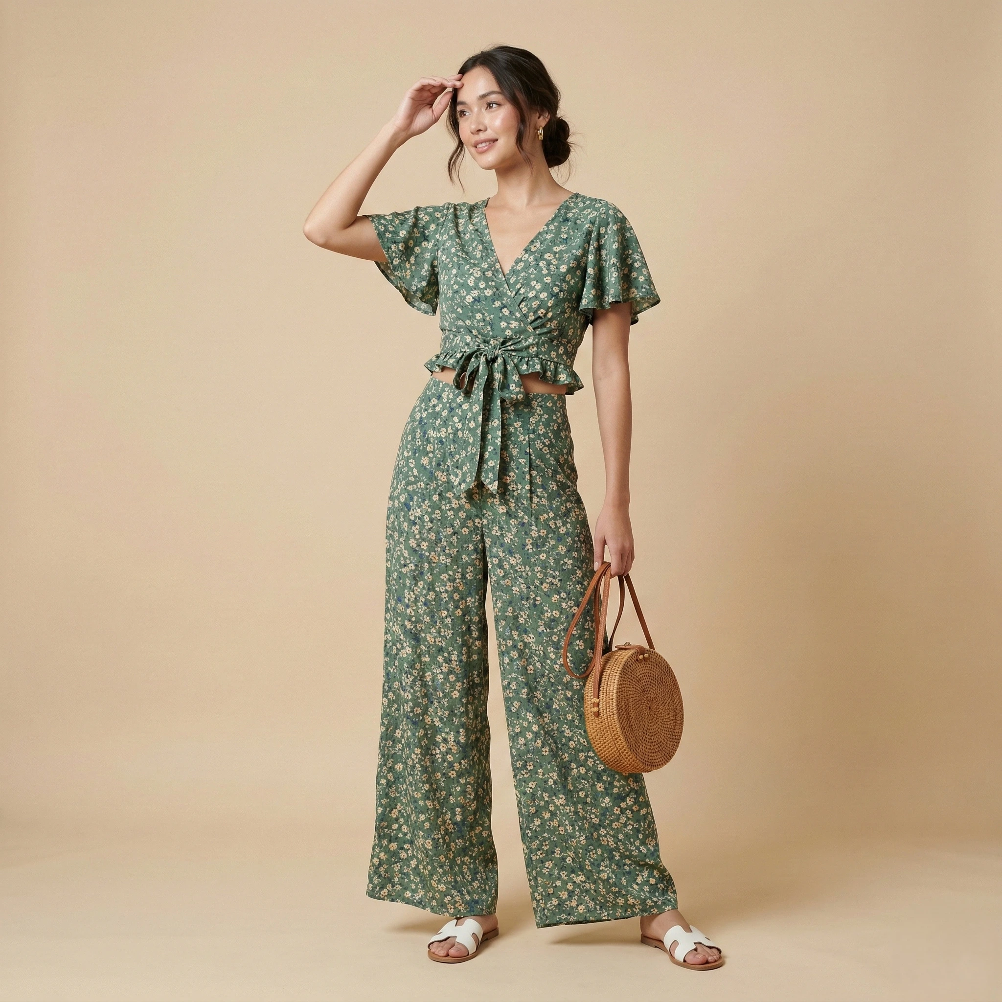Green Floral Co-Ord Set with Wrap Top and Wide-LLeg Pants