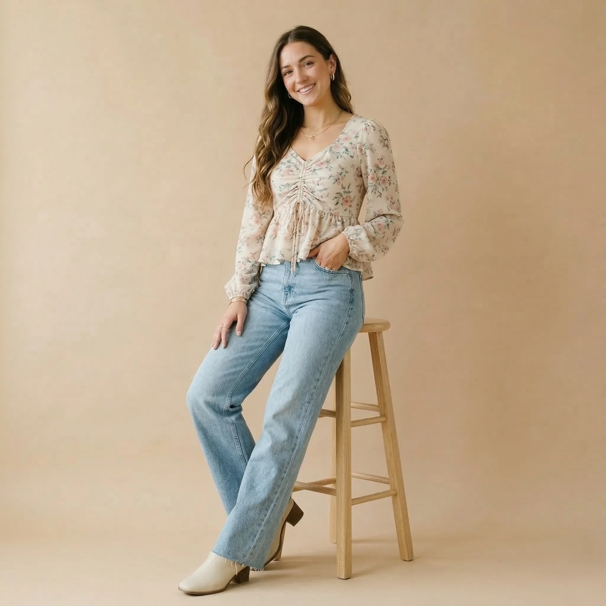 Floral Ruched Peplum Top - Image 4