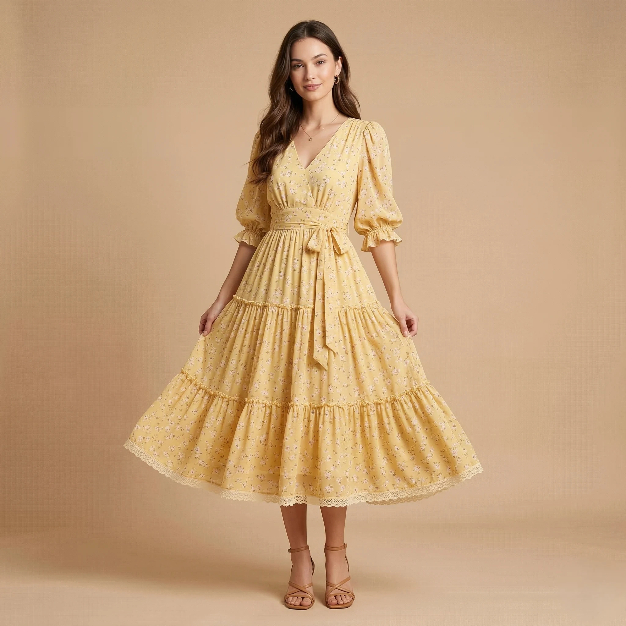 Yellow Floral Midi Dress - Image 4