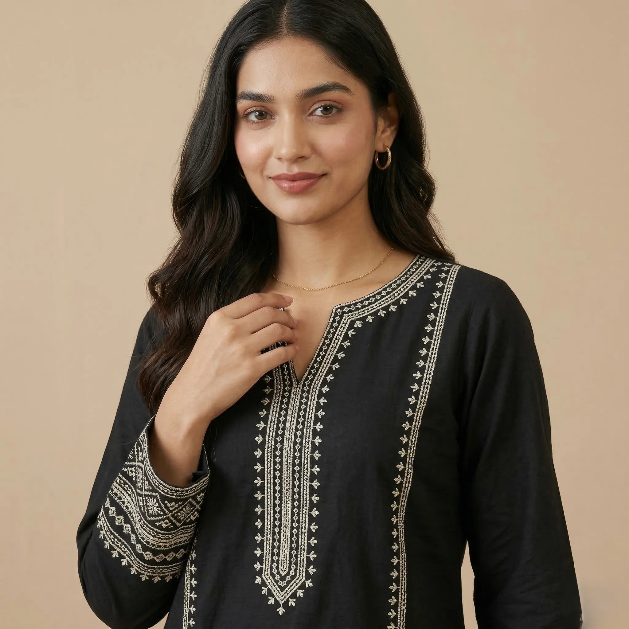 Black Embroidered Cotton Kurti - Image 3
