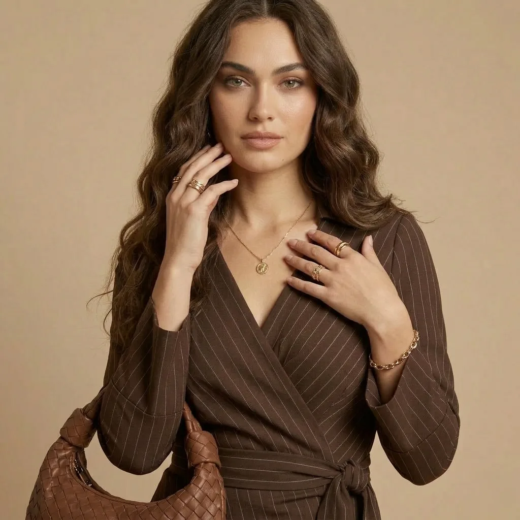 Woman wearing a brown pinstripe wrap dress with layered gold rings, pendant necklace, bracelet, and a woven brown leather shoulder bag.