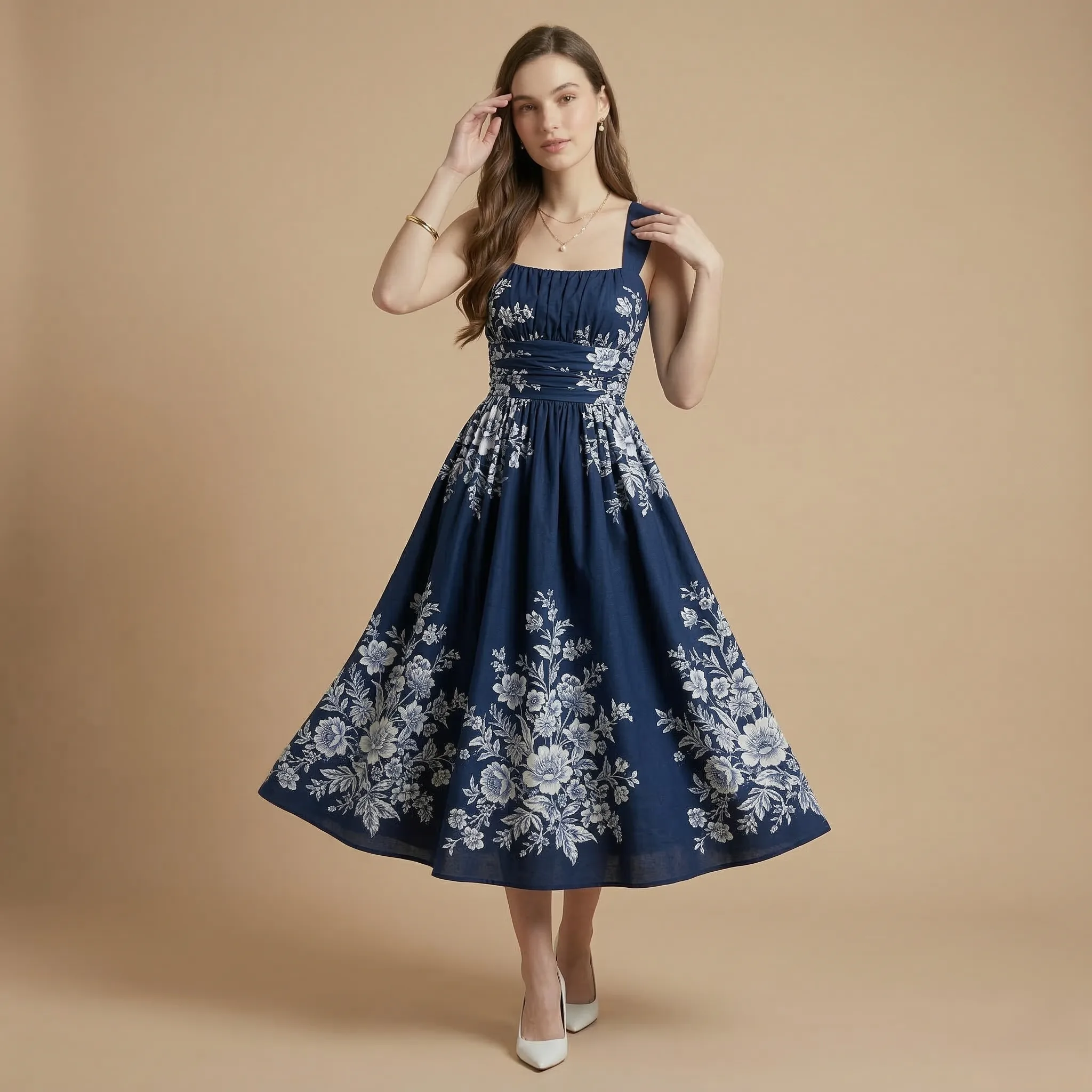 Women's Navy Floral Midi Dress with White Floral Print