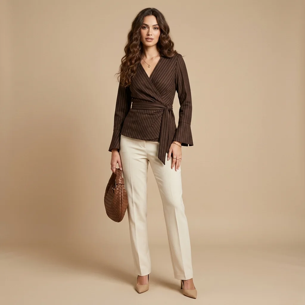 Full-length portrait of a woman wearing a brown pinstripe wrap top, cream tailored pants, nude heels, gold jewelry, and carrying a woven brown leather handbag against a beige background.
