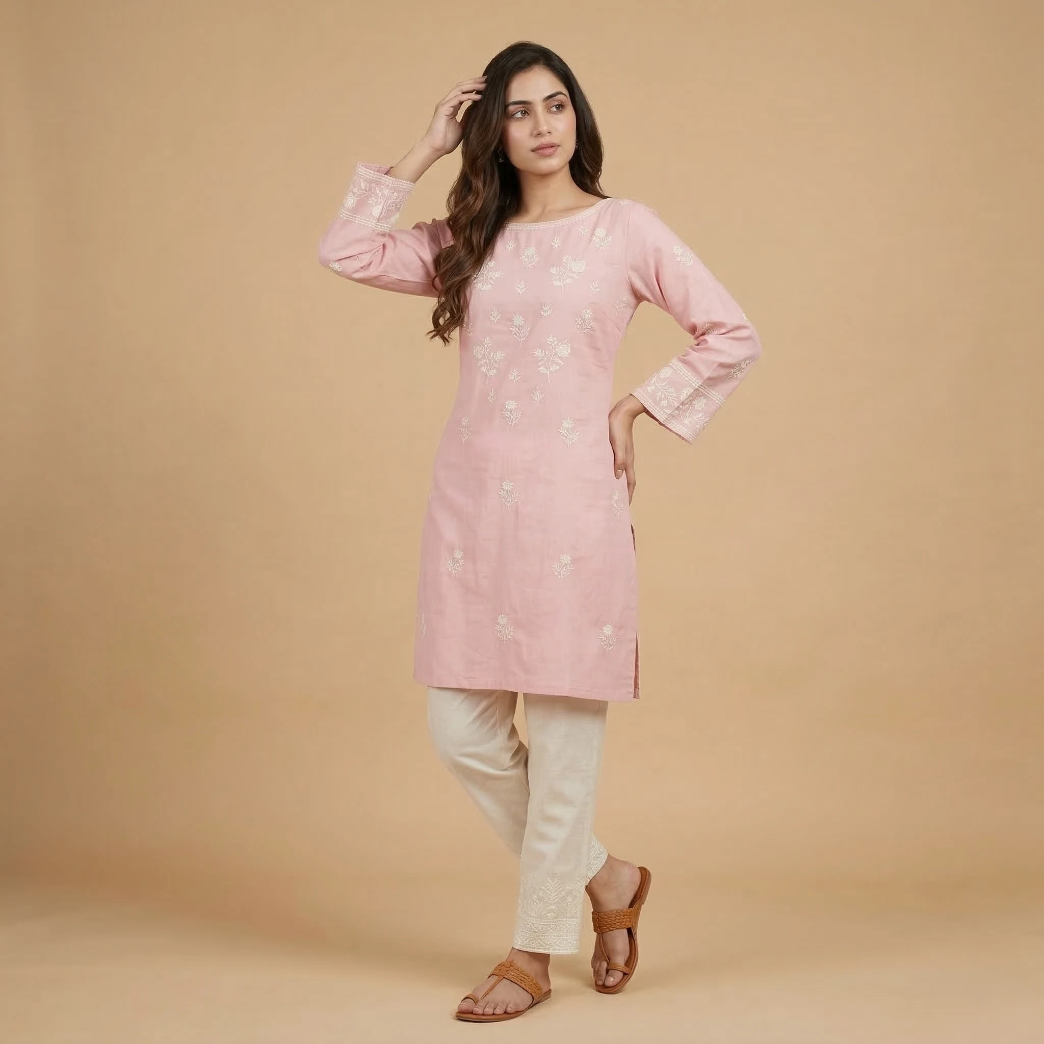 Pink Embroidered Cotton Kurti - Image 4