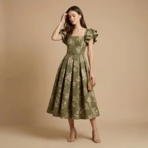 Woman wearing olive floral midi dress with flutter sleeves and waist belt