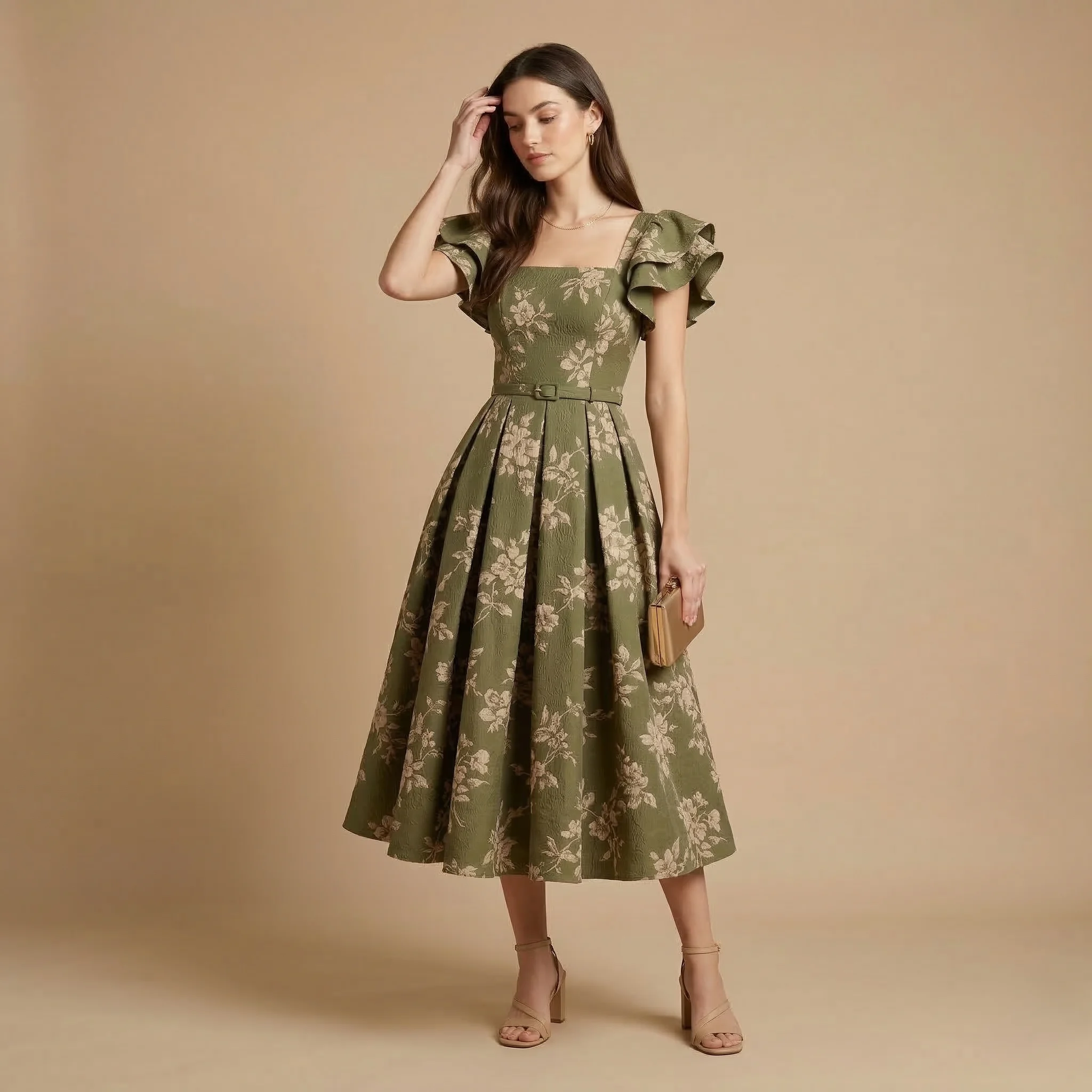 Woman wearing olive floral midi dress with flutter sleeves and waist belt