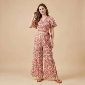 Women's Floral Printed Wrap Co-Ord Set with Wide-Leg Pants