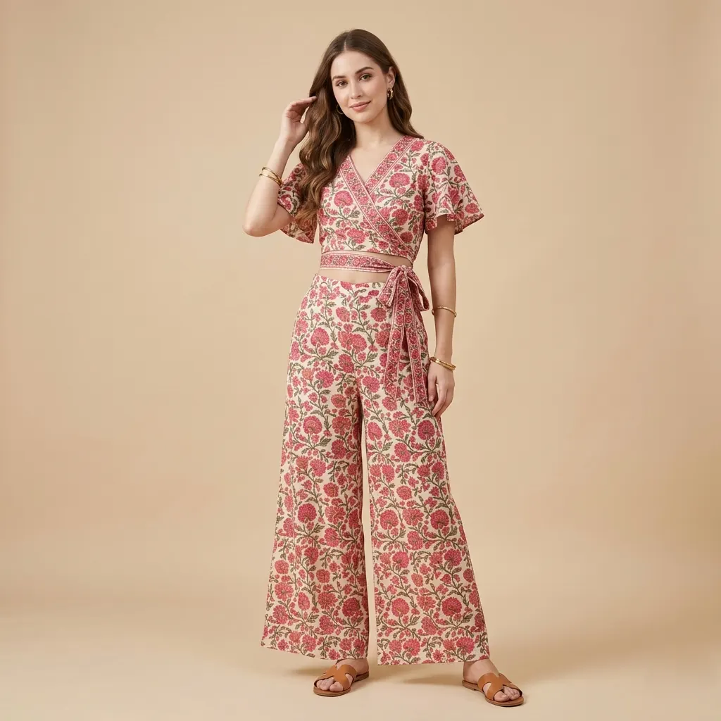 Women's Floral Printed Wrap Co-Ord Set with Wide-Leg Pants