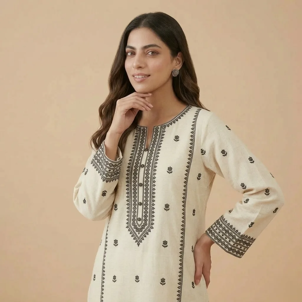 Ivory Embroidered Cotton Kurti - Image 2