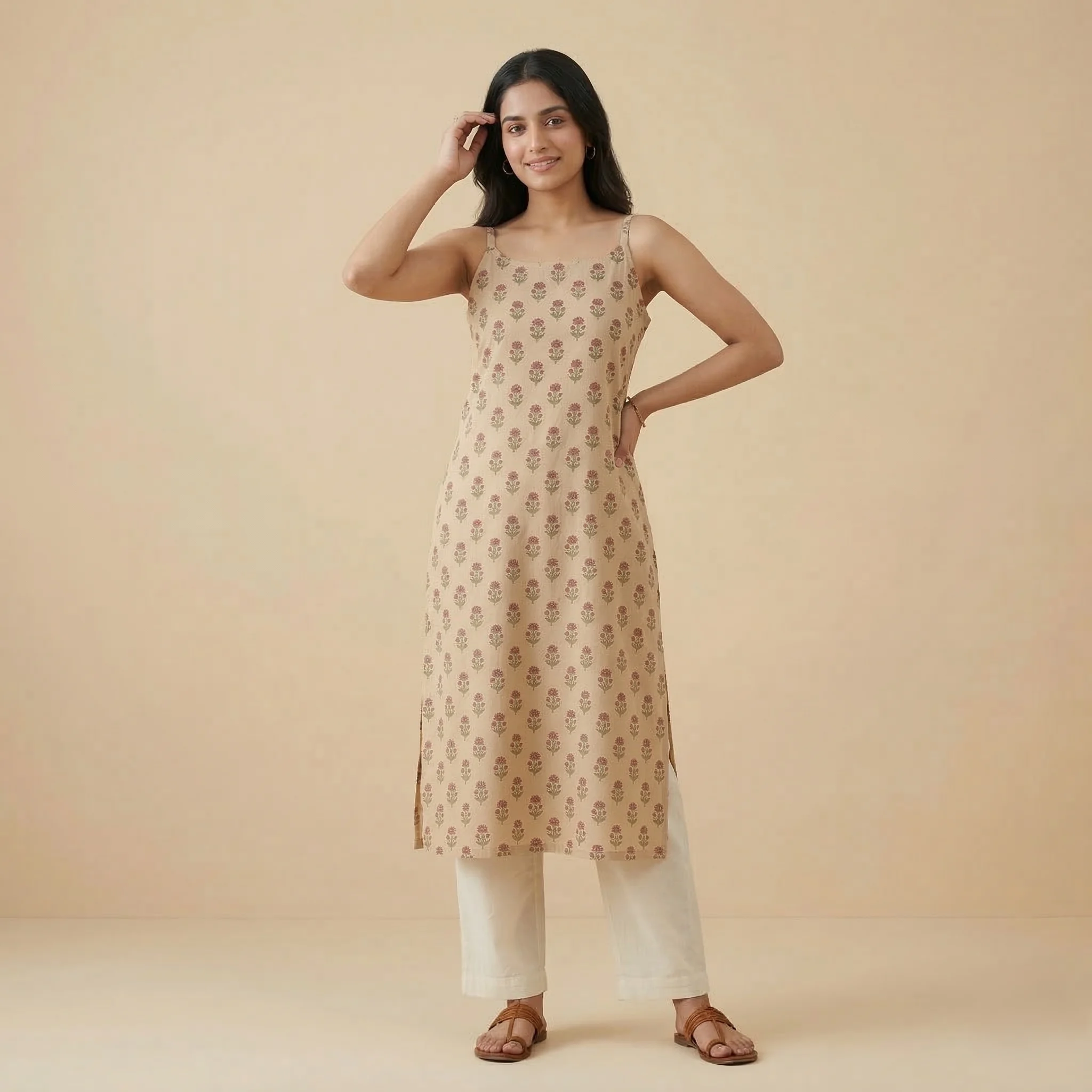 Woman wearing a beige printed cotton sleeveless kurti with delicate floral motifs, paired with white straight pants and flat sandals.