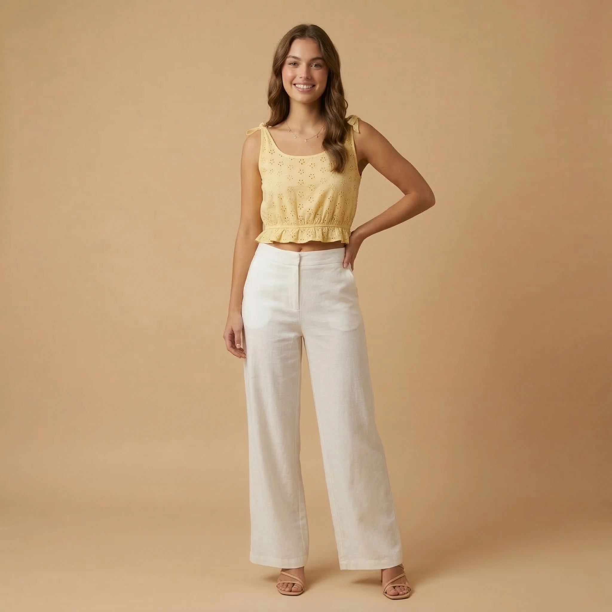 Woman wearing a yellow eyelet embroidered crop top with tie-shoulder straps and a ruffle hem paired with white wide-leg trousers.