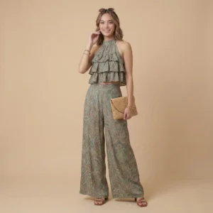 Paisley Print Co-Ord Set with Halter Neck Top and Wide-Leg Pants