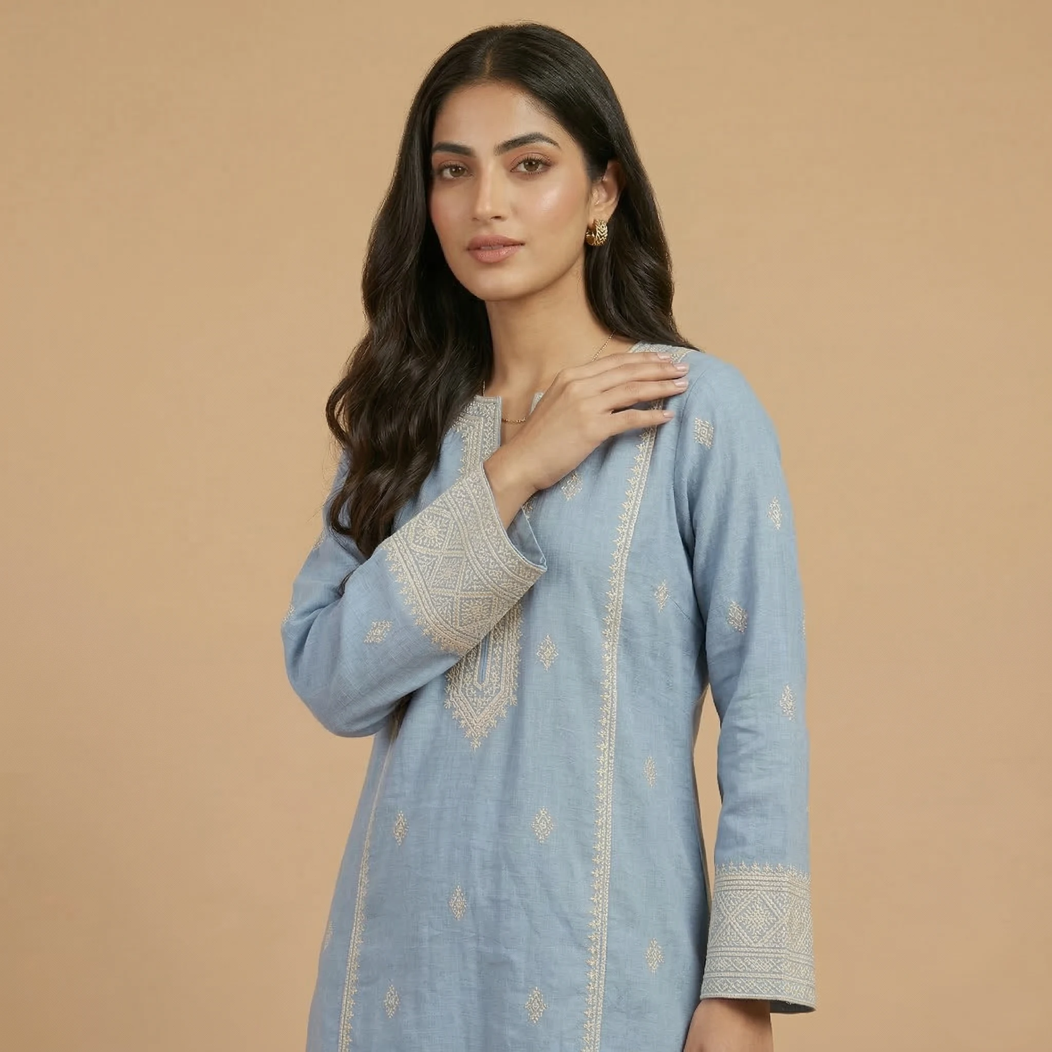 Sky Blue Embroidered Kurti - Image 4