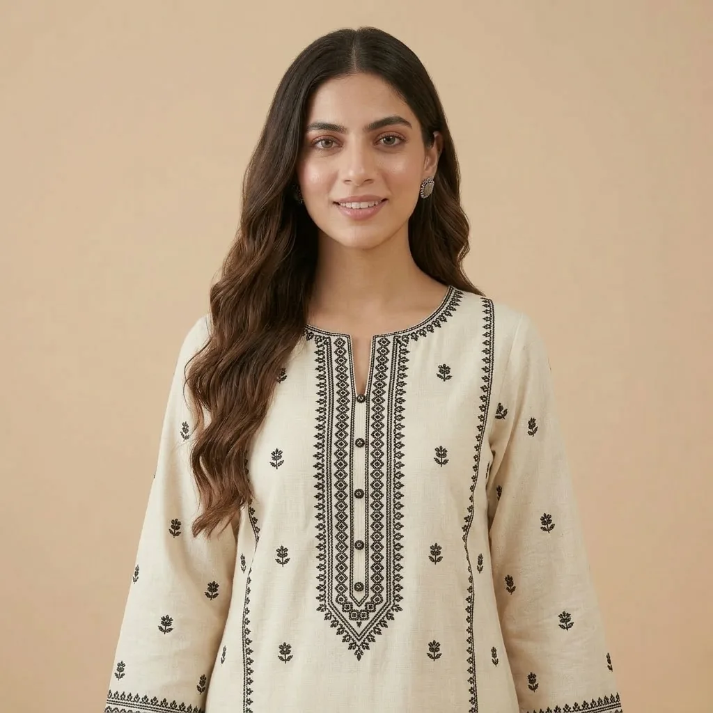 Ivory Embroidered Cotton Kurti - Image 3
