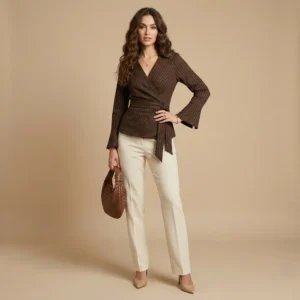 Woman wearing a brown pinstripe wrap top with bell sleeves paired with cream trousers for an elegant office wear look.
