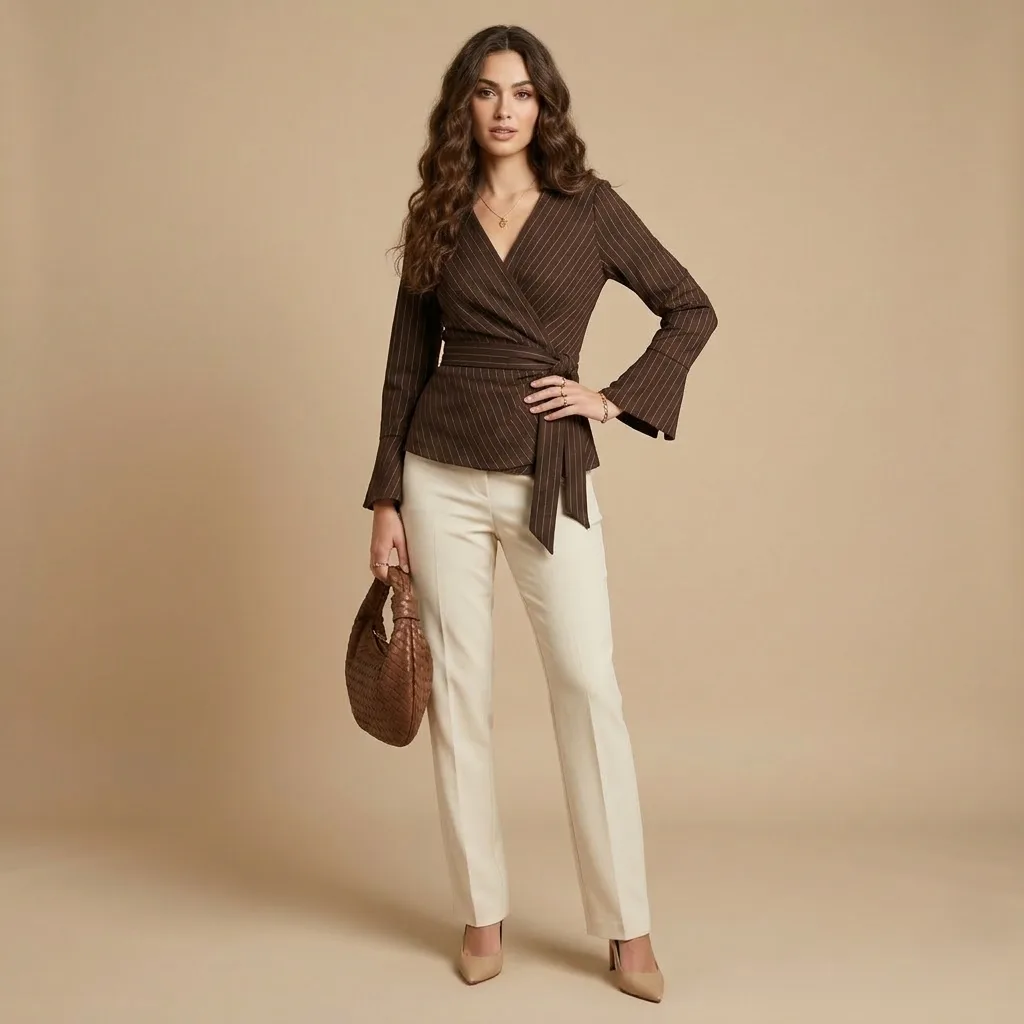 Woman wearing a brown pinstripe wrap top with bell sleeves paired with cream trousers for an elegant office wear look.