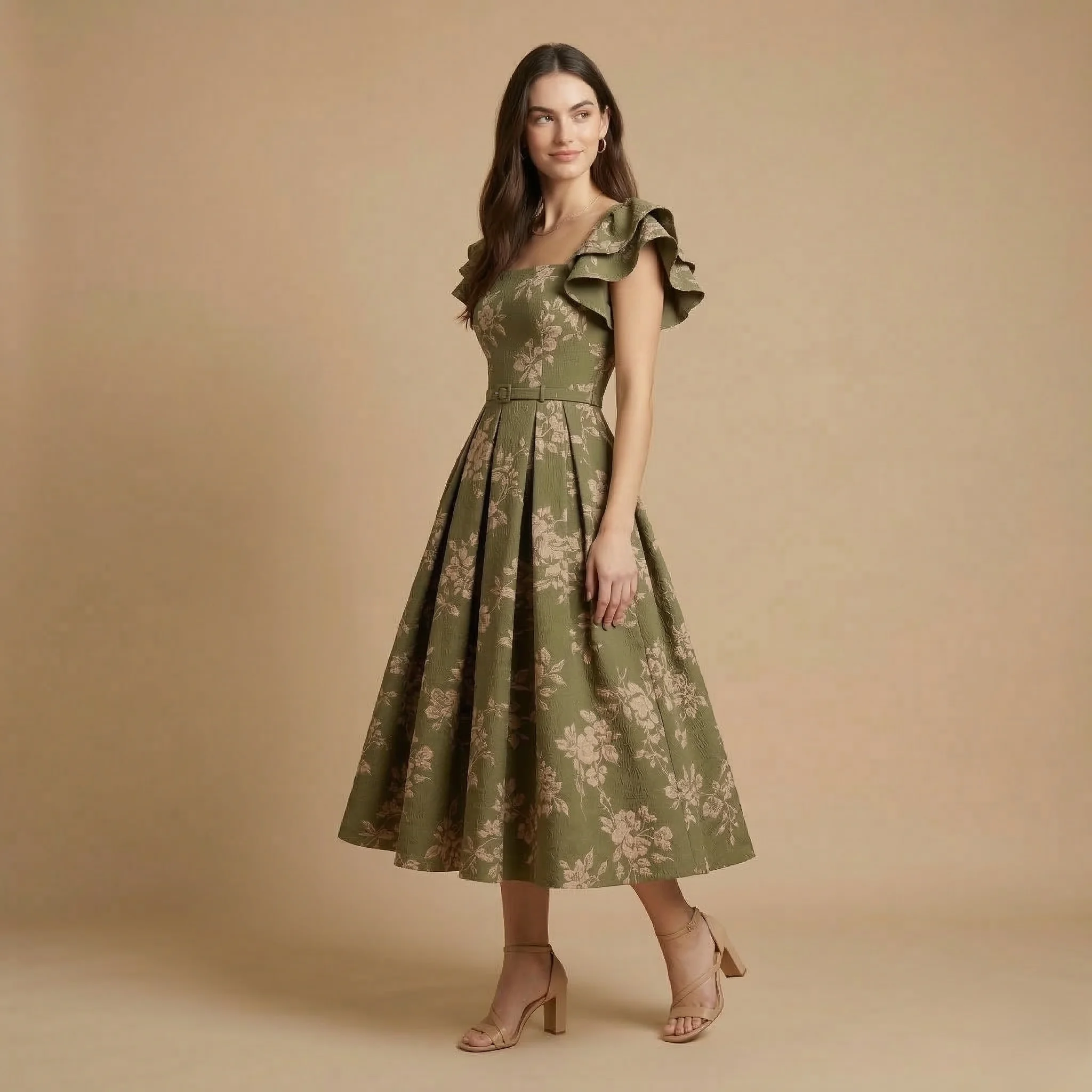 Olive Floral Midi Dress - Image 4