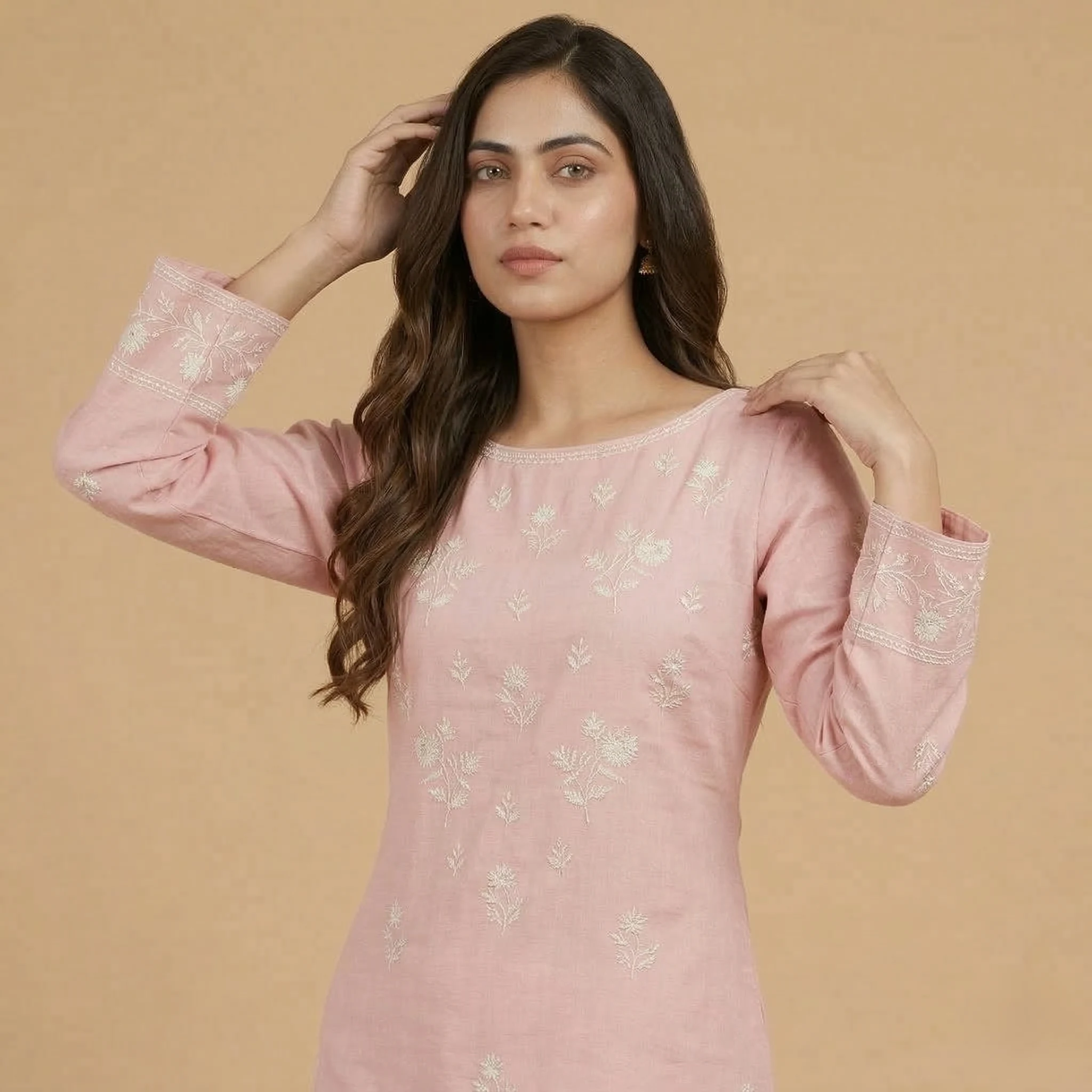 Pink Embroidered Cotton Kurti - Image 2