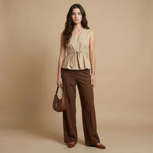 Woman wearing a beige tie-front top paired with brown wide-leg trousers and a matching handbag.