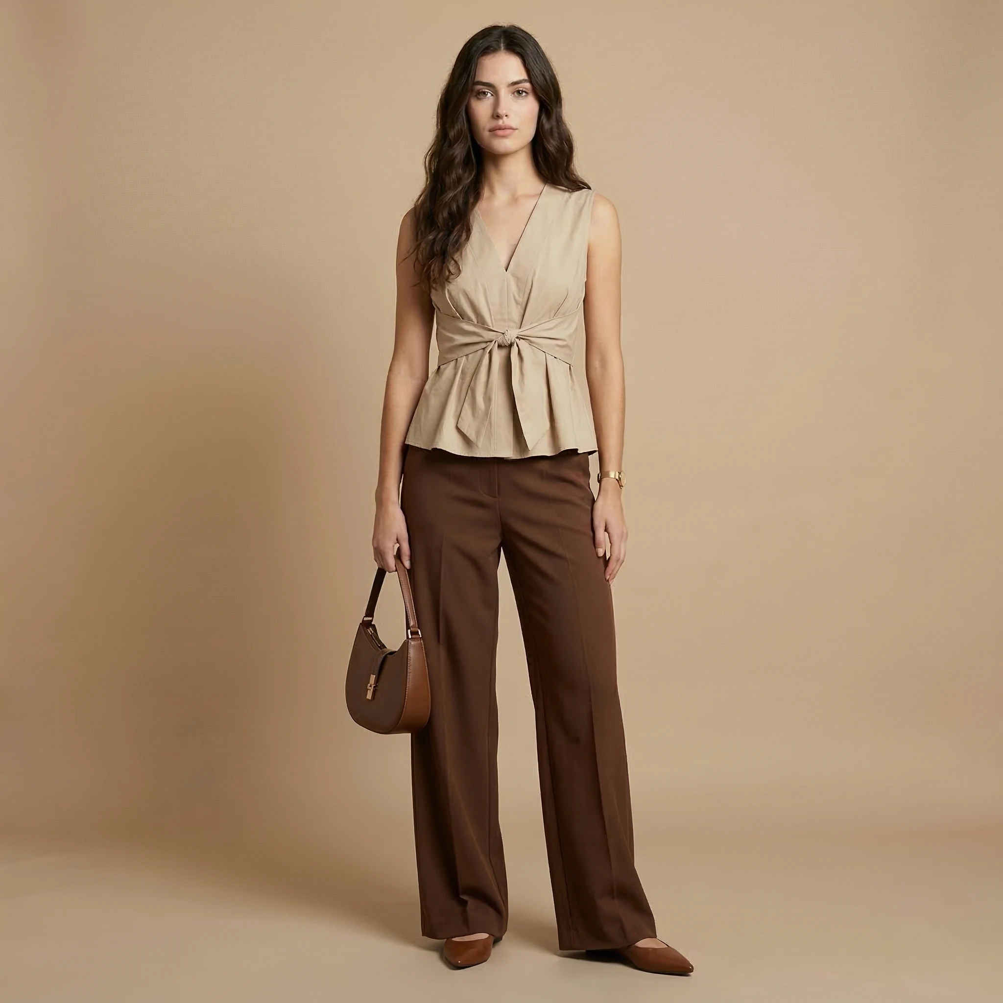 Woman wearing a beige tie-front top paired with brown wide-leg trousers and a matching handbag.