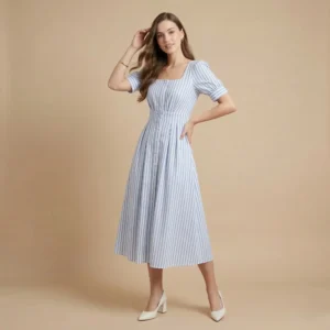 Blue striped midi dress for women with square neckline and puff sleeves